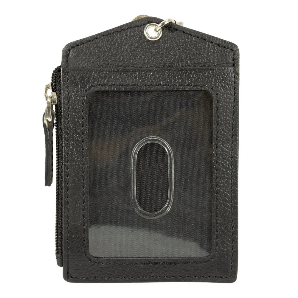 ID lanyard Card Holder in Genuine Leather, Black